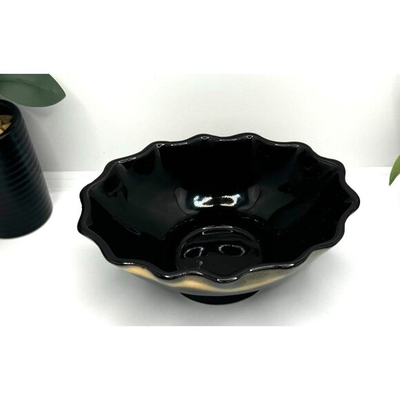 Black Blue Ruffled Edge Glazed Pottery Bowl - Picture 4 of 9